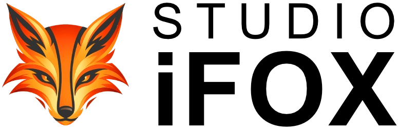 Logo Studio iFOX z pomarańczową ikoną lisa.